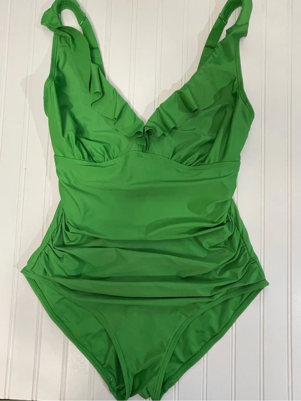 DKNY Ruffle Plunge Underwire Tummy Control One-Piece Swimsuit Grass Green XL - Picture 3 of 10